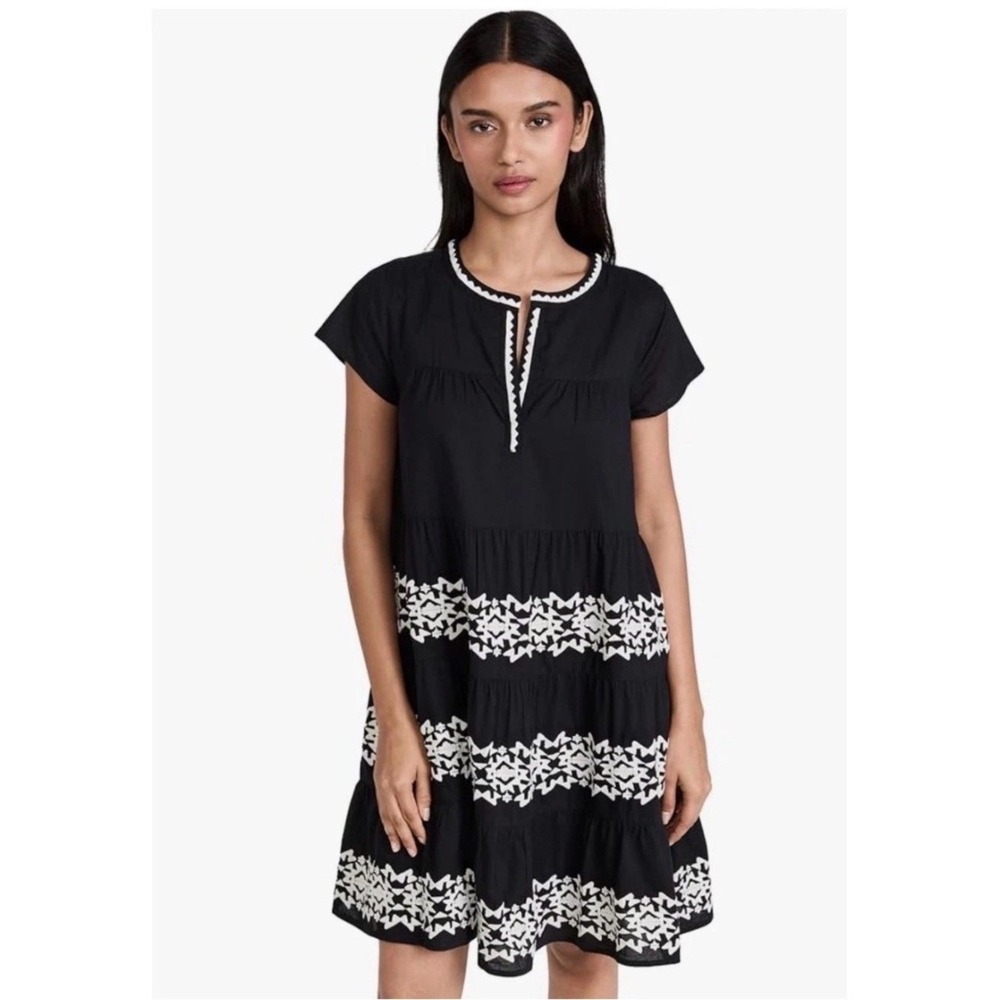 Roller Rabbit Black Cotton Embroidered Tiered Mini Dress Small Bohemian Shift